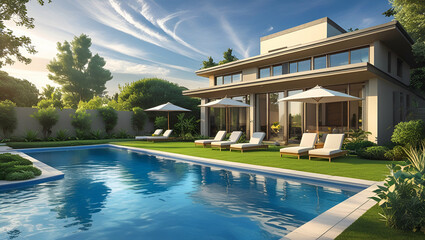 Modern Luxurious Villa with garden and swimming pool, Generative AI
