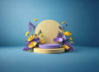 Pastel yellow and purple flowers encircle a three-tiered display platform against a serene blue backdrop.  The scene evokes spring and tranquility.
