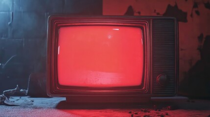 Vintage TV with static screen and red glow