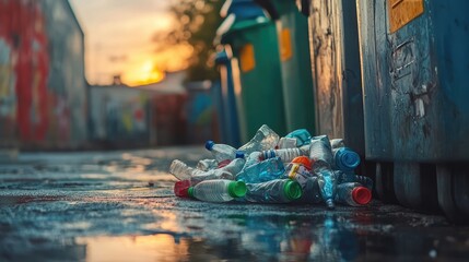 A pile of plastic bottles next to a recycling bin