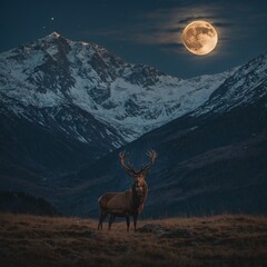 A stag standing majestically under a full moon in the mountains.