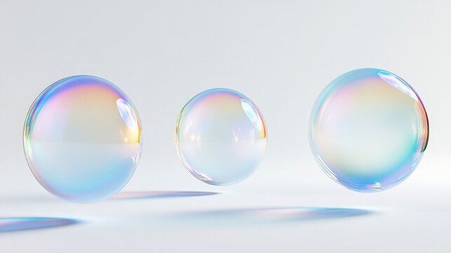 A set of three iridescent holographic circular elements floating against a clean white backdrop