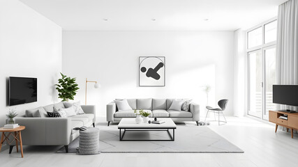 Fototapeta premium Minimalist modern living room in white tones. Generative AI