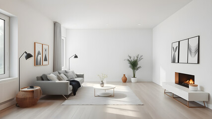 Minimalist modern living room in white tones. Generative AI