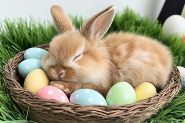 An adorable and cute little bunny nestled comfortably among a variety of colorful Easter eggs, perfectly capturing the joyous spirit of the Easter celebration and the festive holiday spirit