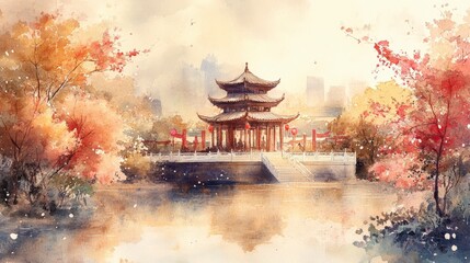 Serene Autumn Pagoda by Water, Asian Watercolor Painting