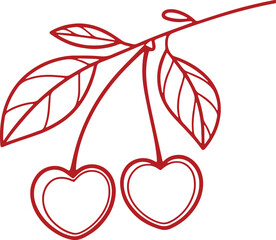 Two heart-shaped outlines hanging from thin stems, resembling cherries on a branch 