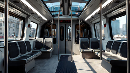 Modern tram seating arrangement with ergonomic seats, vertical handrails, and large city-view windows. Generative AI