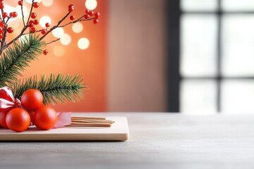 Festive Winter Arrangement with Holly and Kumquats on Wooden Board