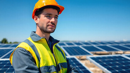 Professional Engineer Wearing Helmet and Jacket at Solar Panels Site