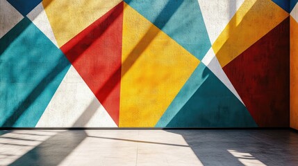 Abstract geometric mural featuring triangles in bold primary colors