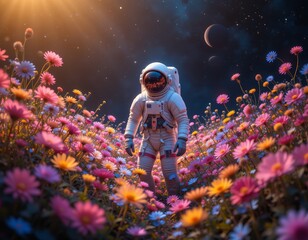 Astronaut in a Field of Flowers Under a Starry Sky