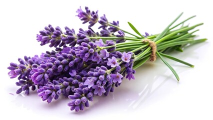 A fragrant bouquet of purple lavender flowers, isolated on white, evokes images of aromatic herbal remedies and tranquil aromatherapy