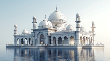 Obraz premium stunning 3D rendering of a pristine white mosque elegantly situated on tranquil water Its intricate design and domes reflect beautifully