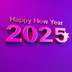 Modern Happy New Year 2025 Design with 3D Pink Numbers, Text and a Golden Star on a Purple Background, Simple and Stylish Graphic for Celebrations and Holiday Greetings