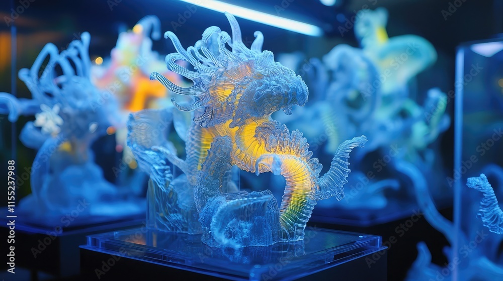 Poster advanced 3d printer creating intricate models with glowing details