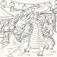 Chinese Dragon Festival Coloring PageKids and Lanterns
