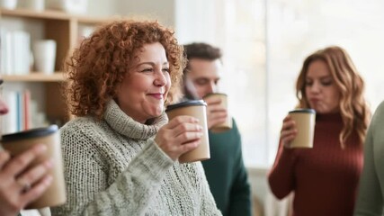 Red-haired curly woman in her 40s wearing a knitted sweater and drinking coffee during an informal meeting