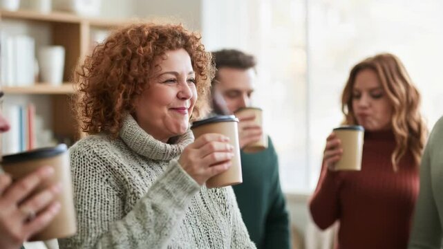 Red-haired curly woman in her 40s wearing a knitted sweater and drinking coffee during an informal meeting