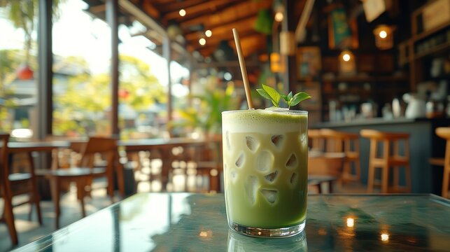 Refreshing matcha iced latte in a glass, decorated with mint, on a cafe table.