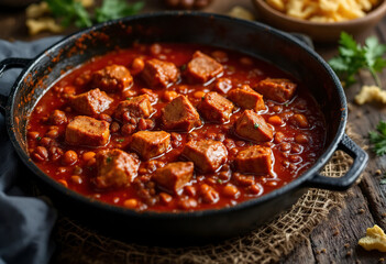 a cast iron skillet containing a rich, red goulash with chunks of meat