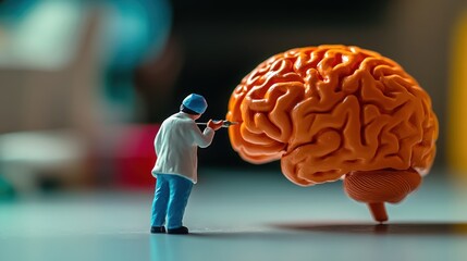 Miniature model of human brain with small figure of a doctor in white shirt doing research health check creates impression of professional attitude in work