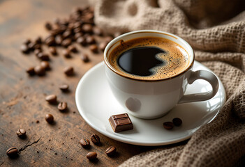 Obraz premium a cup of espresso coffee with a small chocolate square and a few coffee beans