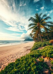 Obraz premium Beach with beautiful coastline palm trees beach wallpaper summer wallpaper beach background tropical nature