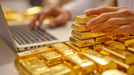 Corporate man analyzing stock charts on a desk made of gold bars