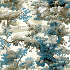 vintage toile textile pattern forest mythical magical colorful marigold gray red blue green beige gold nature