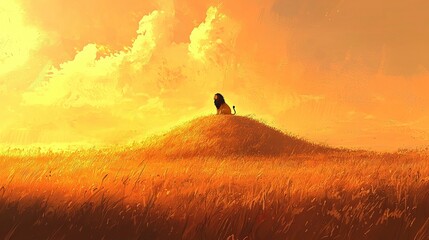 Fototapeta premium a lion sits in the savannah at sunset