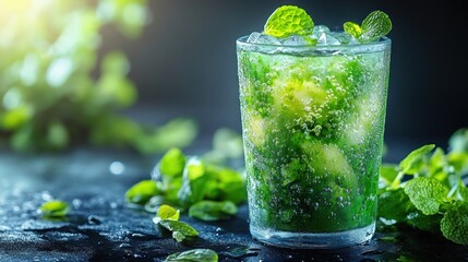 Refreshing Mint Cooler in Glass with Ice.