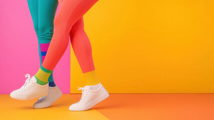 quirky socks lovers concept. Colorful leggings and sneakers create vibrant, energetic atmosphere