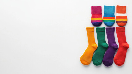 quirky socks lovers concept. Colorful socks arranged in minimalist flat lay, showcasing vibrant patterns and hues