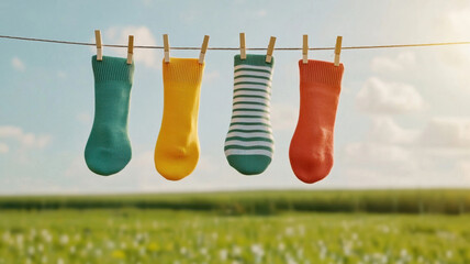 quirky socks lovers concept. Colorful socks hanging on clothesline against sunny landscape