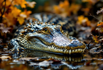 Obraz premium An alligator with a rough, scaly skin and large jaws resting in a shallow body of water surrounded by colorful autumn foliage