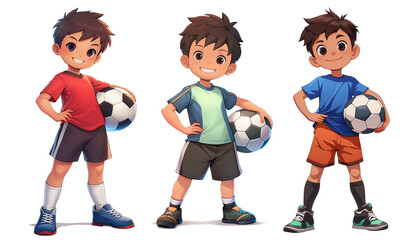 Three Boys Holding Soccer Balls in Vibrant Sporty Outfits