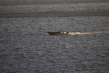 Fototapeta premium Speedboat gliding across the ocean at sunset leaving a trail of water behind The golden light reflects off the waves creating a dynamic and adventurous scene 