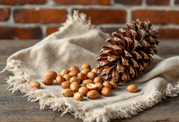 Pine cone and nuts on a napkin from sackcloth on the background of a brick wall