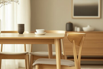 A beige sofa and chairs surrounding a light oak wooden table near a large window. Large living room decoration 