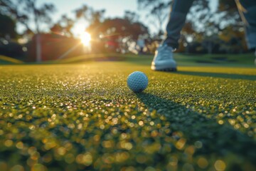 A low-angle view of a senior golfer preparing to putt on a green, with the sun setting in the background adding a warm ambiance.