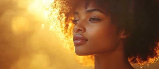 Fototapeta premium Woman with afro backlit by golden light.