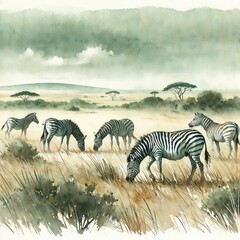 Fototapeta premium Watercolor zebras grazing in open savanna with muted green tones