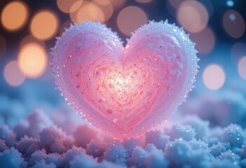 Obraz premium Glowing pink heart with frosty details on snowy surface and blurred warm bokeh lights in background.