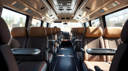 Spacious intercity bus interior with wide cushioned seats, individual tray tables, and footrests. Generative AI