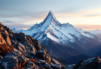 Top black rocks in evening golden sunshine and white-snow pointy peak. Atmospheric dawn landscape with high snowy mountain with peaked top.