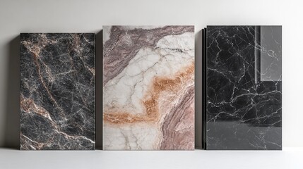 Three marble slabs showcasing different patterns and color for design inspiration.