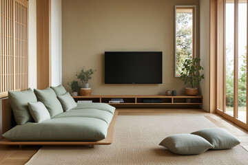 Obraz premium A warn relax sofa in a studio apartment, showcasing Japanese and Scandinavian interior design with TV space of living room 