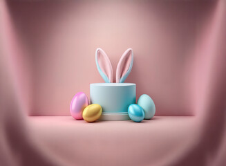 Pastel pink background features a light blue cylindrical object topped with bunny ears and surrounded by pastel Easter eggs.  A minimalist, festive springtime scene.