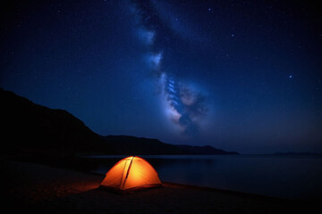 Nighttime campsite tent starry sky Milky Way shooting star